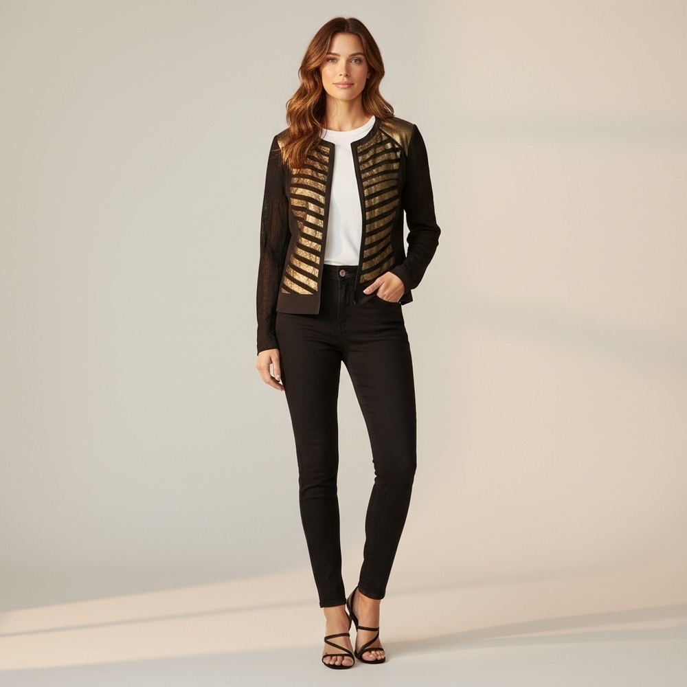 CACHÈ Women's Black & Gold Open Front Blazer Jacket Size S Casual Holiday Party - Picture 2 of 9